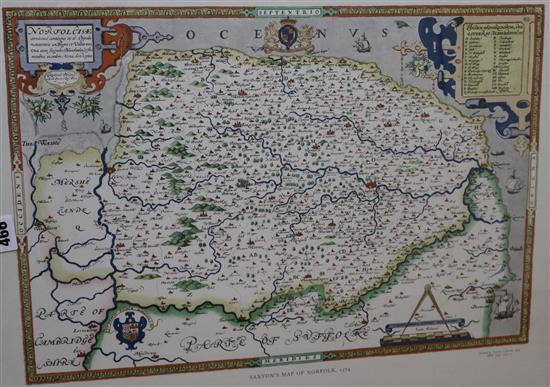 Three reprints of Saxton maps of Norfolk, Herefordshire and Leicestershire, 43 x 56cm